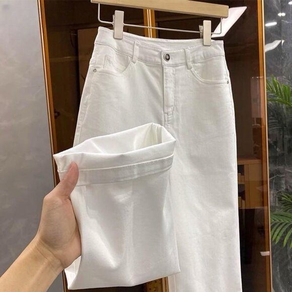 New women white Jeans Straight High Waisted Wide Leg Demin Pants - Picture 3 of 7